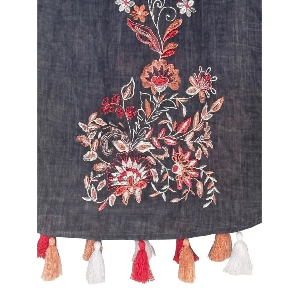 Chicos Embroidered Gray Scarf With Tassels Lightweight Boho Fairy Forrest Preppy